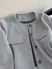 Franclia 女士休闲纯色圆领前扣长袖大衣，秋冬时尚百搭休闲长袖短款纽扣夹克，休闲短款大衣，灰色时尚保暖舒适冬季女式大衣，新年女式冬季大衣，感恩节女式时尚大衣，适合外出、工作和教堂穿着。