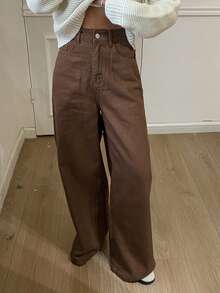 DAZY Jeans larghi casual e morbidi di colore unito da donna - Castano - Visualizzare 4