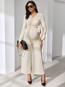 MaterniWear Elegant Maternity Solid Color Tie-Waist Jumpsuit For Commuting - Apricot - View 7