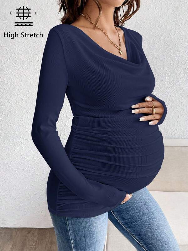 SHEIN Maternity Solid Color Draped Neck Ruched Fitted Elegant Long Sleeve T-Shirt