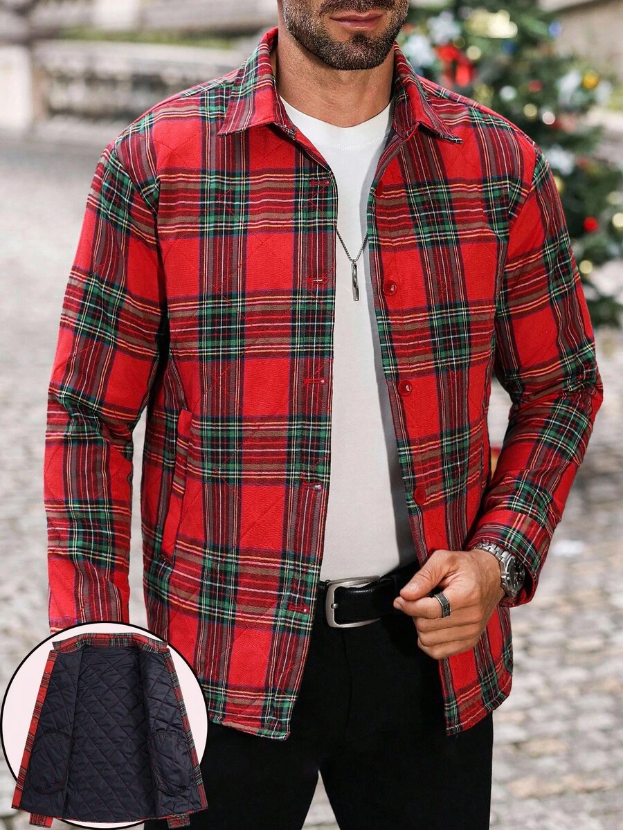 Manfinity CasualCool Giacca di cotone imbottita leggera a quadri rossi da uomo per autunno/inverno, con colletto alla coreana e design con bottoni, casual, regalo per il fidanzato, stile di strada, camicia di flanella a quadri per uomo, manica lunga, abbigliamento casual di strada, giacca a quadri per uomo per uso quotidiano, tempo libero, weekend, attività all'aperto, viaggi, ambienti di lavoro rilassati o occasioni semi-formali, regalo per il fidanzato/marito, regalo di anniversario, Natale