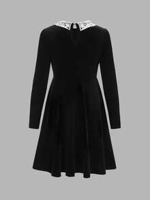 SHEIN 青少年女孩圣诞天鹅绒拼色荷叶边领长袖 A 字腰收腰优雅黑色连衣裙 - 黑色 - 查看 5