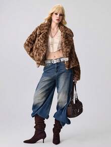 ROMWE EDITION Chaqueta de manga larga holgada con estampado de leopardo y piel sintética para mujer - Café integral - Ver 7