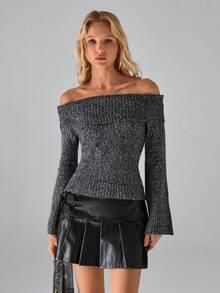 SHEIN TRNDY 1 件女式黑色露肩毛衣，简约设计，合身，撞色纹理，长袖，舒适休闲，秋冬 - 黑色 - 查看 5