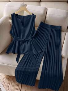 GlowEve CURVE 2件套大码女式无袖上衣和休闲宽松褶皱阔腿裤套装 - 藏蓝色 - 查看 4