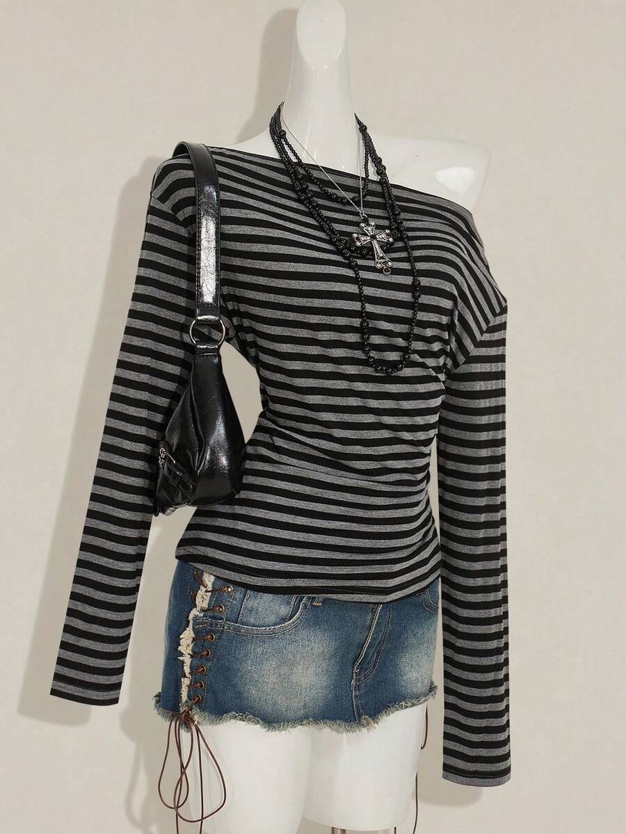 SHEIN ICON Y2k Women's Goth Grunge Striped Off Shoulder Long Sleeve Ruched Casual T-Shirt - Multicolor - View 1