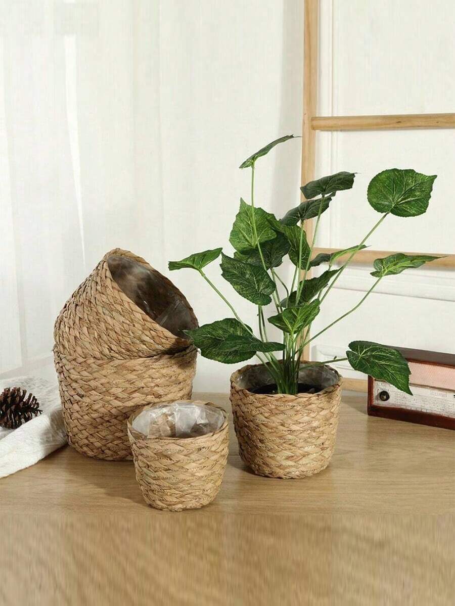 1pc Handmade Woven Plant Pot Cover, Seagrass Rope Basket For Home Living Room, Wicker/Rattan/Bamboo Handicraft Flower Basket - Multicolor - View 1