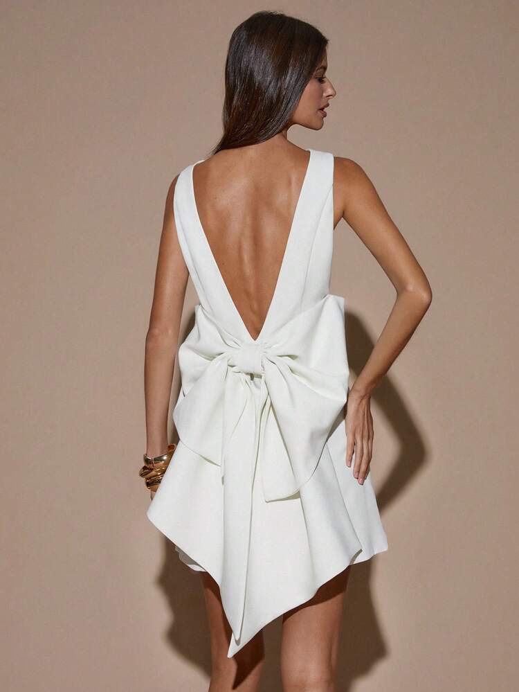 SHEIN BAE Vestido corto sin mangas con cuello en V profundo y espalda descubierta, adecuado para fiestas, cócteles, ocasiones formales, dama de honor, cumpleaños, vestido blanco con lazo, brunch, Navidad, Halloween, vestido blanco elegante - Blanco - Añade 5