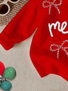 SHEIN 圣诞快乐少女休闲可爱圣诞手绘英文“Merry”，蝴蝶结装饰，圣诞红，圆领舒适长袖毛衣适合秋冬，早秋毛衣，针织毛衣，轻松针织造型，秋冬针织时尚，秋冬休闲牛仔，红色毛衣，圣诞毛衣 - 紅色 - 查看 7