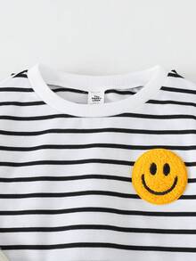 THE HAPPY LOOK 2pcs/Set Young Boy Cartoon Face Pattern Knit Soft Crew Neck Long Sleeve Pullover Pullover Sweatshirt & Elastic Waist Jogger Pants Set