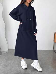 SHEIN EZwear Đầm dài dáng rộng màu xanh navy dành cho nữ, kiểu dáng thường ngày, chất liệu vải dệt kim, có vai rớt, tay dài và xẻ tà. - Màu xanh hải quân - Xem 4