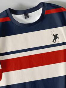 Manfinity Joysei Men's Embroidered Contrast Stripe Print Round Neck Short Sleeve T-Shirt - Multicolor - View 3