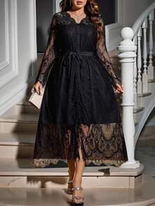 Gownix 加大码纯色蕾丝拼接腰带优雅长袖连衣裙 - 黑色 - 查看 2