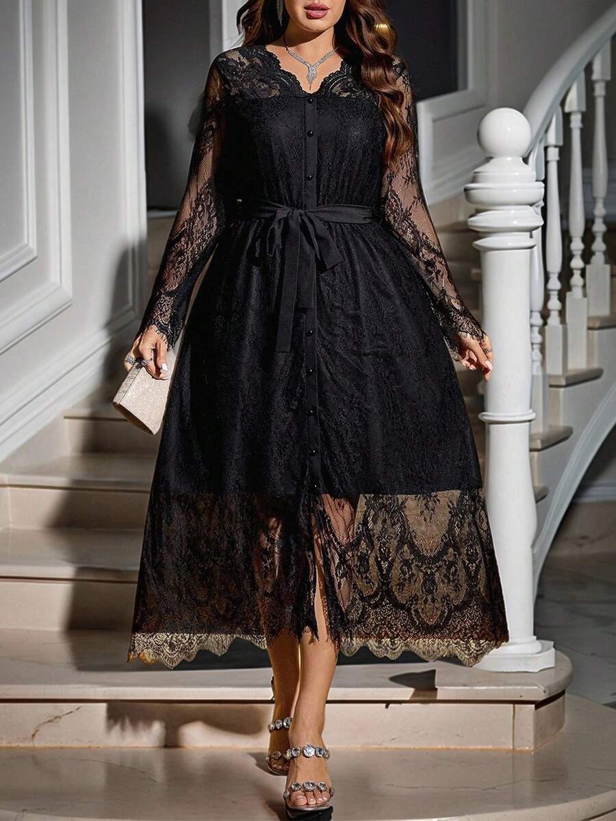 Gownix 加大码纯色蕾丝拼接腰带优雅长袖连衣裙