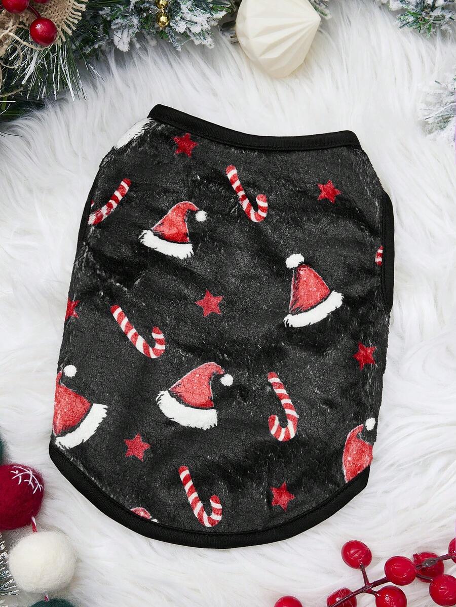 PETSIN 1 pieza Chaleco de mascota de franela gruesa y cálida para Navidad, otoño e invierno con estampado de bastón de caramelo de Navidad - Multicolor - Ver 1