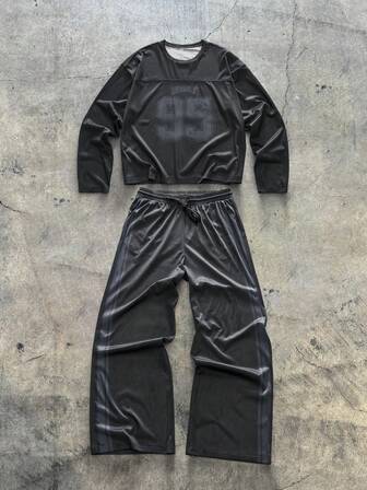 AXEPEAK Men's Numeric Print Crew Neck Long Sleeve T-Shirt And Wide Leg Pants Casual Suit