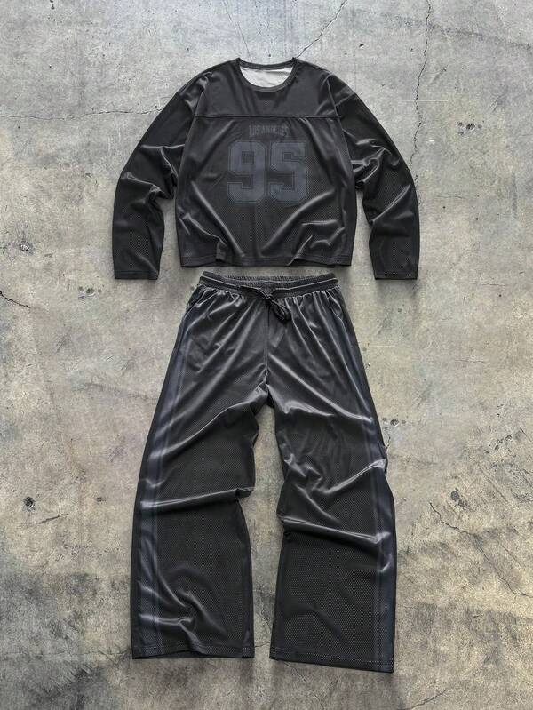 AXEPEAK Conjunto casual de camiseta de manga larga con cuello redondo y estampado numérico, y pantalones de pierna ancha para hombre