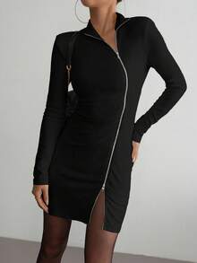 Aidyla 秋冬季修身高领不对称拉链针织连衣裙，剪裁合身，显瘦显瘦 - 黑色 - 查看 5
