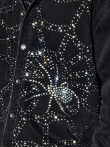 NEON BLANC Men's Fashion Long Sleeve Rhinestone Studded Spider Web Denim Shirt - Black - View 4