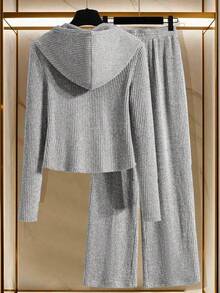 Franclia 2pcs Women Solid Color Hooded Zip-Up Jacket And Pants Set - Light Grey - View 2