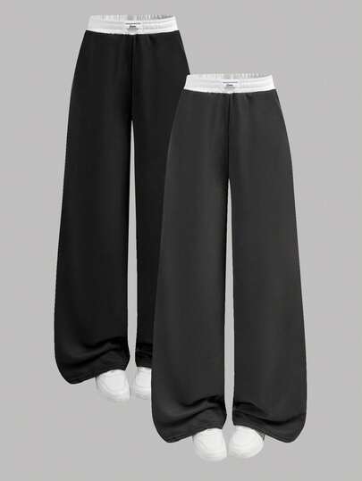 SHEIN Girlism 2 件套青少年女孩纯色黑色、白色、灰色休闲针织阔腿裤和运动裤，街头风格秋冬