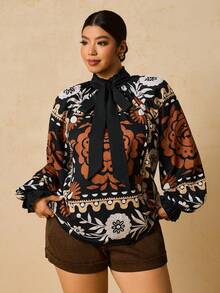 Travachic Plus Size Vintage Floral Print Shirt, Autumn - Khaki - View 4