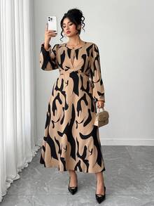 Elenzga Plus Size All-Over Print Elegant Long Sleeve Dress - Khaki - View 1