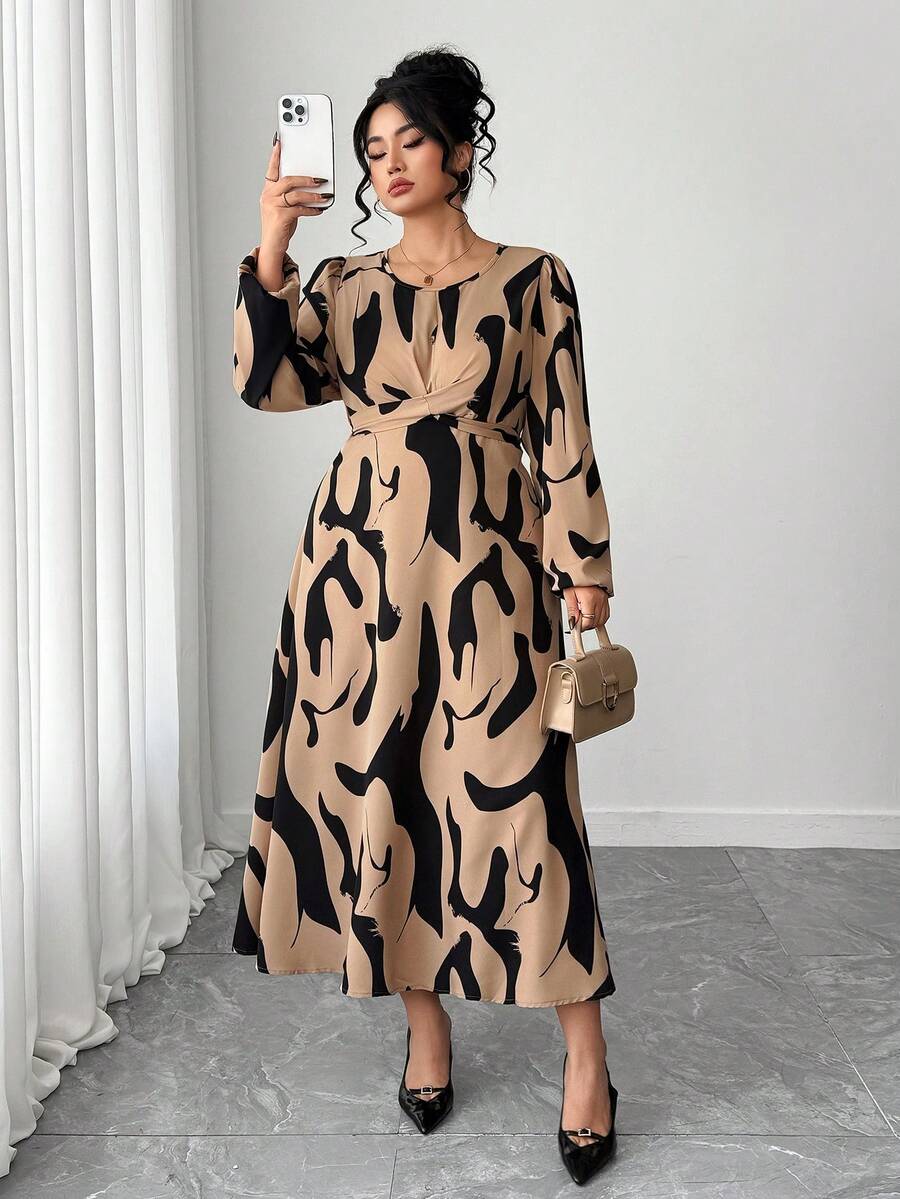 Elenzga Plus Size All-Over Print Elegant Long Sleeve Dress - Khaki - View 1