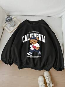 SHEIN EZwear Casual Minimalist Cartoon Bear Pattern Crew Neck Loose Fit Plus Size Sweatshirt/Winter