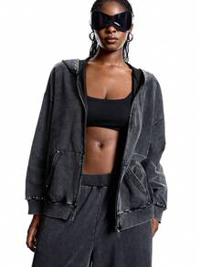 LYSMO 街头潮流男女通用金属孔眼设计纯色落肩拉链前开衫，适合返校、旅行、秋冬