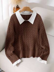 CosyJoli 大码女款灰色麻花针织毛衣 有领毛衣 女士毛衣 灰色毛衣 粗针织毛衣 有领毛衣 秋冬可爱毛衣 - 咖啡棕 - 查看 4