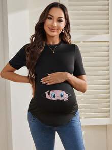 SHEIN Odzież Ciążowa Nadruk kreskówkowy Zakrzywiony brzeg Koszulka