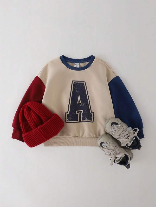 THE HAPPY LOOK Young Boys' Letter Print Cute Raglan Colorblock Crew Neck Casual Outdoor Sports Sweatshirt, Autumn/Winter