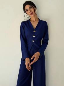 Firerie Women's Fashion Casual Commuter Urban Chic Street Style Versatile Academic Teacher Outfit, New V-Neck Metal Button Waist Long Sleeve Faux Denim Jacket And High Waist Pants Set, Navy Blue, Autumn Winter Clothes For Women - Navy Blue - View 3