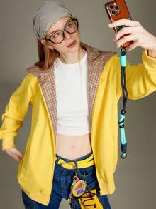 Elnivra 女式长袖连帽格子拼布运动衫夹克，黄色口袋休闲复古美式针织运动衫，返校秋季时尚