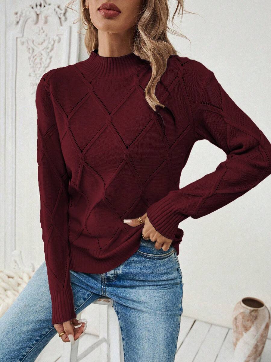 EMERY ROSE Solid Color Round Neck Casual Slim Fit Pullover Long Sleeve Sweater Burgundy Tops For Women - Burgundy - View 1