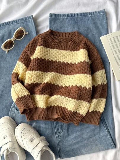 Young Girl' Cute Contrast Color Coffee Brown Thick Striped Crew Neck Long Sleeve Pullover Sweater, Textured Knit, Autumn/Winter Girls Sweater Sets Brown And Yellow Striped Sweater Brown Sweater Girl Clothes Autumn And Winter Clothes Girl Knit Set