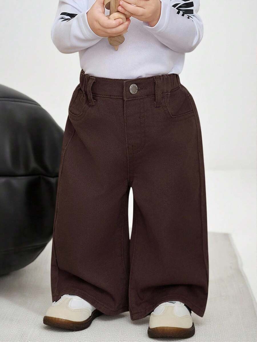 SHEIN 女婴卡其色口袋休闲宽松牛仔裤 - 咖啡棕 - 查看 1