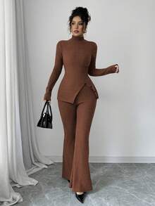 Elenzga 2 件套女式休闲不对称下摆长袖上衣和喇叭裤套装，秋季 - 棕色 - 查看 5