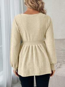 SHEIN Maternity Solid Color Round Neck Lantern Sleeve Ruffle Hem Casual Sweater, Autumn/Winter - Beige - View 6
