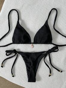 Swim Mod 女士提花面料吊带金属装饰性感比基尼套装，夏季 - 黑色 - 查看 1