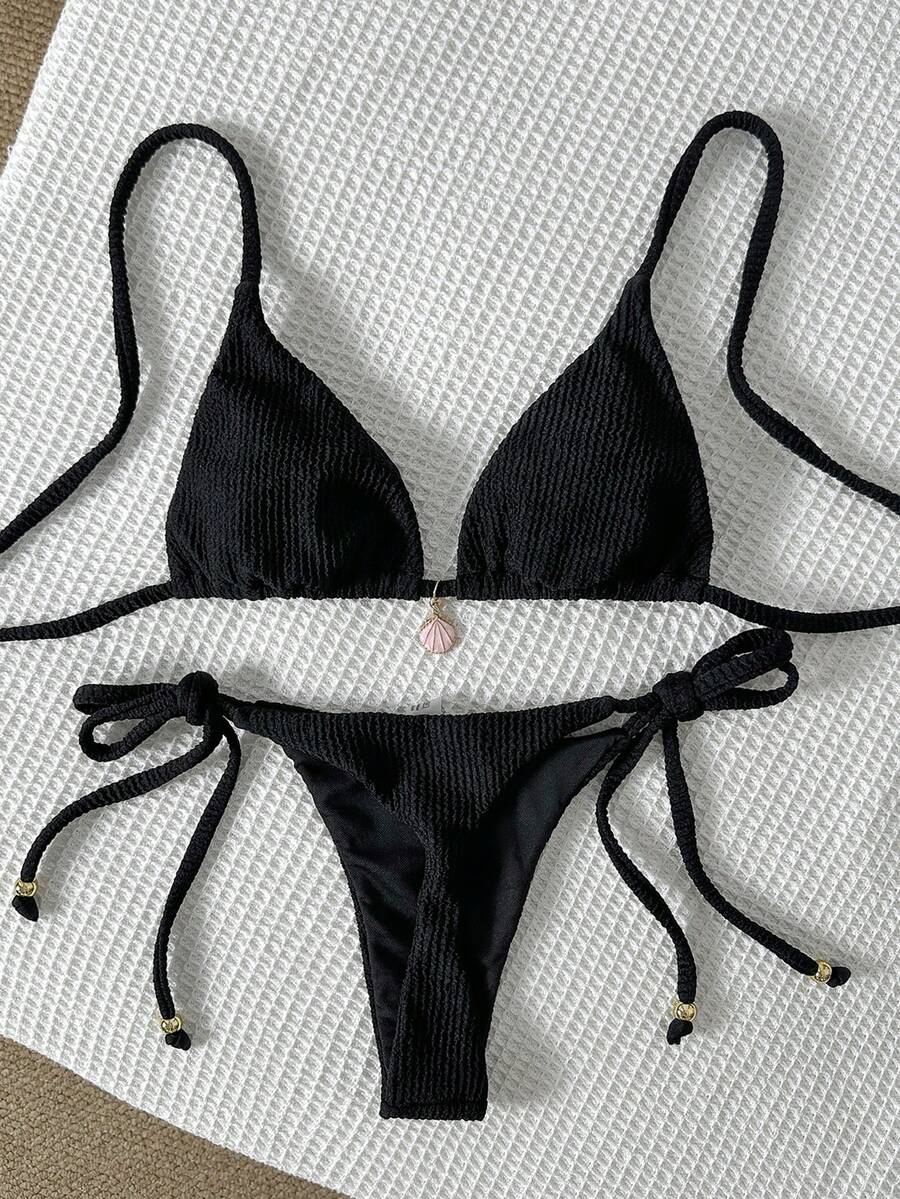 Swim Mod 女士提花面料吊带金属装饰性感比基尼套装，夏季 - 黑色 - 查看 1