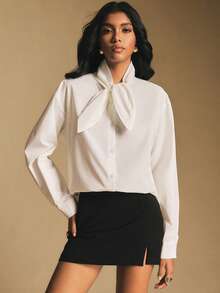 Poéselle Blusa elegante de cuello de corbata blanca para mujer, blusas elegantes para mujer, camisa blanca, minimalista y versátil, para fiesta de Navidad, Año Nuevo, adecuada para uso diario, fiesta, salir, ir al trabajo, otoño/invierno, camisa con lazo, camisa con corbata, blusas para el trabajo, blusas blancas - Blanco - Ver 1