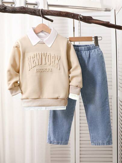Genkimix Kids 2 件套年轻男孩休闲时尚杏色运动衫，带压花英文文字和松紧腰牛仔裤套装，适合休闲和通勤，适合幼儿男孩秋冬户外活动