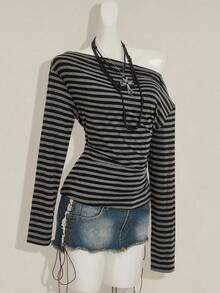 SHEIN ICON Y2k Women's Goth Grunge Striped Off Shoulder Long Sleeve Ruched Casual T-Shirt - Multicolor - View 6