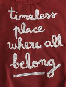 THE HAPPY LOOK 年轻男孩字母刺绣紫红色针织落肩运动衫，复古休闲风格 - 中紫紅色 - 查看 5