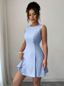 Elenzga Váy ngắn công chúa thắt eo đính đá, kiểu Pháp thanh lịch cổ điển sang trọng, cài nút eo, dự tiệc cao cấp, đi làm, hẹn hò, đi chơi, đa năng - Màu xanh nhạt - Xem 8