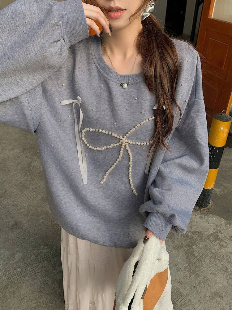 Women's Autumn/Winter Thermal Lined Crew Neck Sweatshirt With 3D Bow & Pearl Decor, Casual