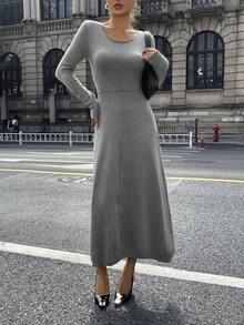DAZY Women's Elegant Solid Color Round Neck Long Sleeve Knitted Dress, Autumn Sweater Dress - Grey - View 4
