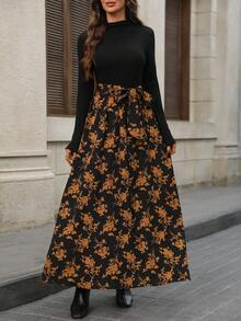 SHEIN LUNE 女式度假 V 领长袖花卉印花腰系带休闲长裙 - 彩色 - 查看 6